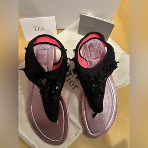 Christian Dior black nylon printed T-strap sandals size 41, NWT